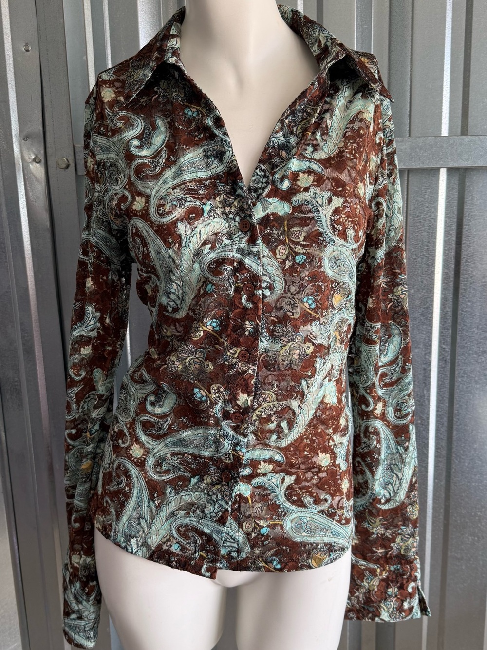 Y2K Paisley Button Up Shirt Brown Aqua Western Boho Top
